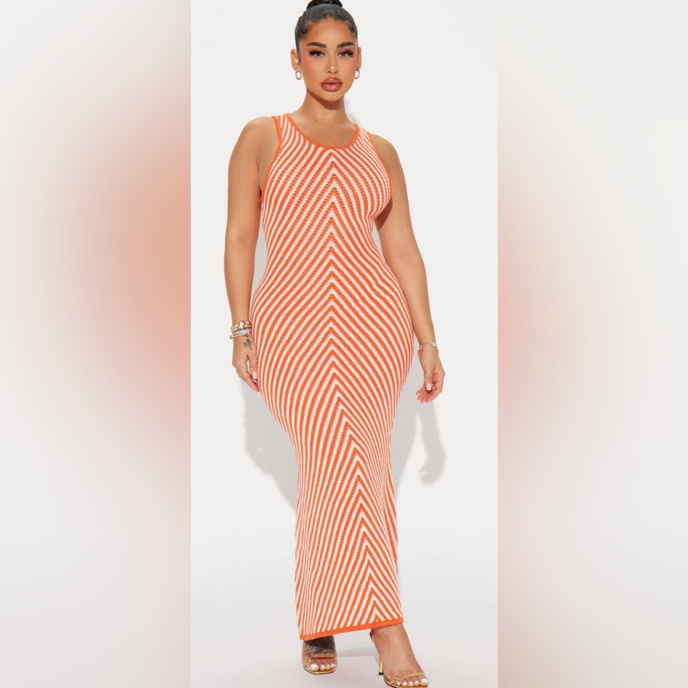 Fashion Nova Orange and White Sleeveless Halter Bodycon Maxi